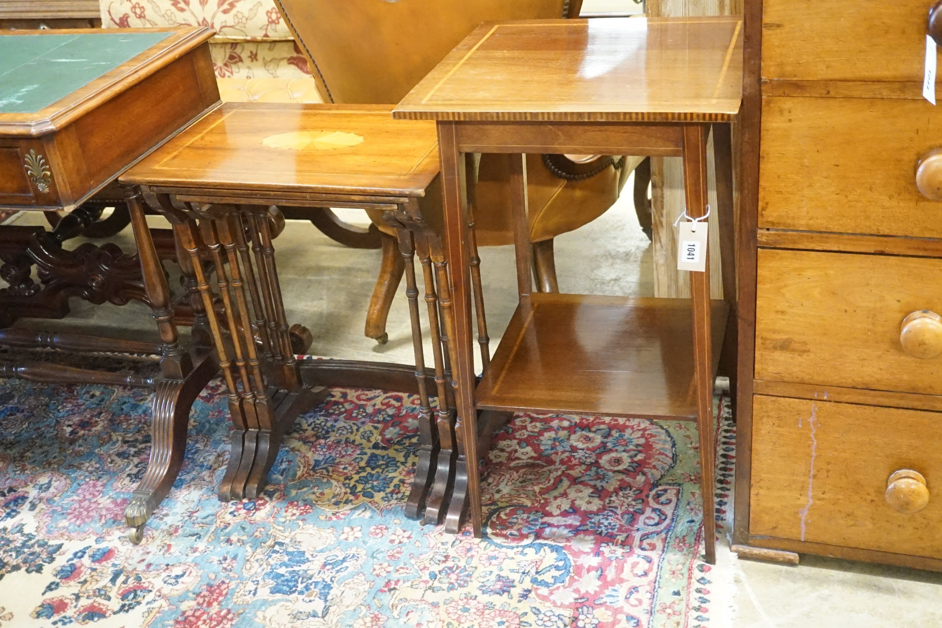 An Edwardian satinwood banded two tier occasional table, wdith 43cm depth 43cmm height 72cm, together with a nest of three inlaid mahogany tea tables